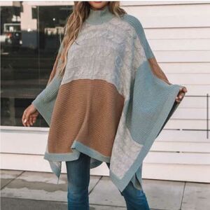 VICi Whispers Of Winter Cable Knit Colorblock Poncho Sweater One Size
